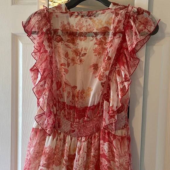 Zara Floral Red Patchwork Sheer Midi Sleeveless Dress M - Picture 8 of 16